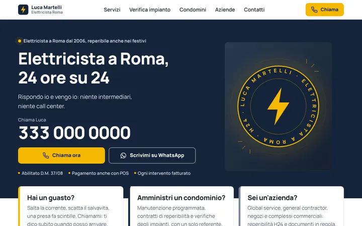 La pagina iniziale del progetto dimostrativo per un elettricista di Roma